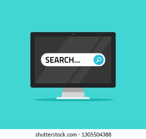 Search on computer vector illustration, flat cartoon pc screen with internet search technology page isolated