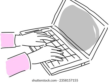 search on a laptop woman hand drawing illustration, vector