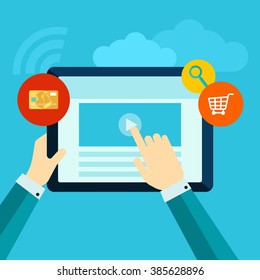 Search on the tablet, in a modern flat style. Hand push, search, payment, 
internet access. Vector illustration