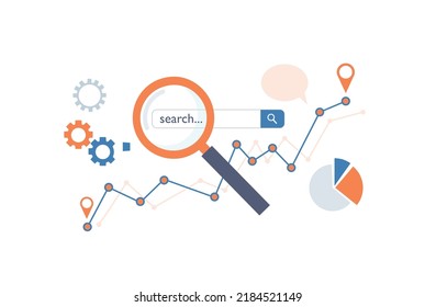 Search on website with magnifier and graph. Analytics search information and website SEO optimization concept. Vector illustration flat design style.