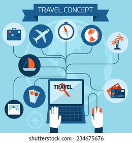 Search online travel computer, trendy flat style icons