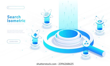 Search online white poster. Large magnifying glass with server. Electronic storage and archive, cloud service. Landing page design. Cartoon isometric vector illustration isolated on white background