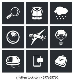 Search operation, plane crash icons set. Vector Illustration.
Isolated Flat Icons collection on a black background for design