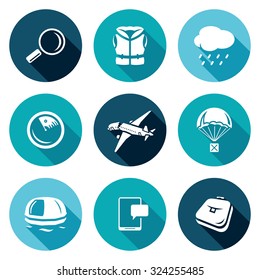 Search operation, plane crash icons set. Vector Illustration.