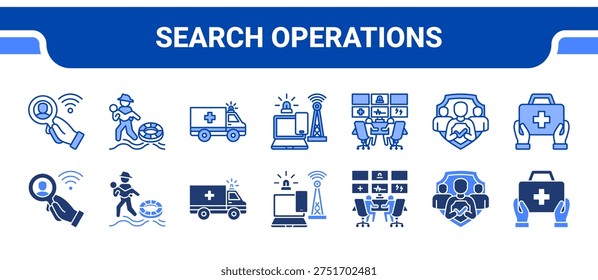 Search Operations Icon Collection, featuring Search Mission, Rescue Operation, Emergency Transport, Communication System, Command Center, Public Safety, Medical Aid.