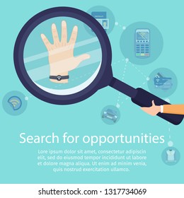 Search for Opportunities with NFC Technology Flat Vector Ad Banner. Near Field Communication Services Promo Poster Template. Human Hand Holding Magnifying Glass, Magnifying NFC Bracelet Illustration