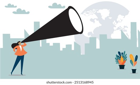Search for opportunity, business vision, success direction or finding new employee, career future, secret discovery or research concept, businesswoman look through telescope or binoculars 
