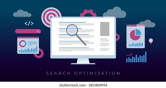 Search Optimization, SEO concept. A desktop pc with an open search page result (Serp) with sites ranked by relevance, around optimization, target, charts and graphs icons. Flat vector illustration