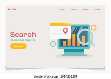 Search optimization, SEO report, SEO strategy, analytics, Search result - conceptual landing page illustration with icons and texts