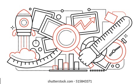 Search Optimization - vector modern line design illustration with hand with magnifying glass, charts, clock, rocket