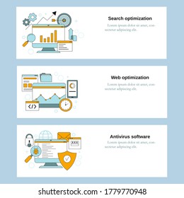 Search optimization, Web optimization, Antivirus software. Vector template for website, mobile website, landing page, ui.