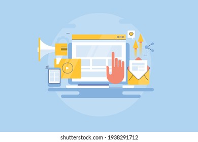 Optimización de la búsqueda de sitios web, marketing de sitios web, estrategia de marketing digital - ilustración vectorial de línea conceptual con iconos