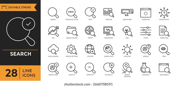 Conjunto de iconos de contorno de Búsqueda. Inspector continuo, monitoreo, análisis y más. Trazo editable. Ilustración vectorial