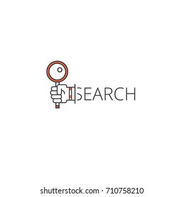 Search outline logo icon. Hand holding magnifying glass symbol. Vector Logotype applicable for copyrighting, research, analysis, exploration, investigation