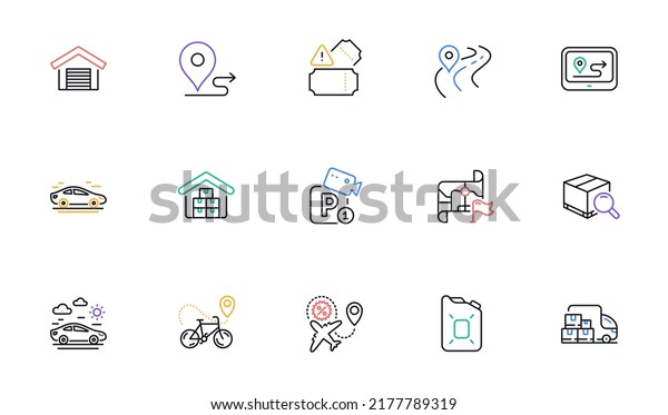 Search package, Bike delivery and Car line icons\
for website, printing. Collection of Destination flag, Journey, Gps\
icons. Parking security, Delivery truck, Flight sale web elements.\
Vector
