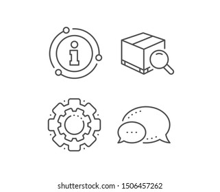 Search package line icon. Chat bubble, info sign elements. Delivery box sign. Parcel tracking symbol. Linear search package outline icon. Information bubble. Vector