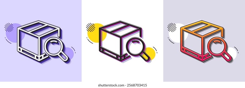 Search package line icon. Halftone dotted pattern. Gradient icon with grain shadow. Delivery box sign. Parcel tracking symbol. Line search package icon. Various designs. Vector
