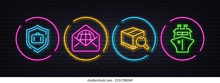 Search package, Luggage protect and Web mail minimal line icons. Neon laser 3d lights. Ship icons. For web, application, printing. Tracking service, Baggage defense, World communication. Vector