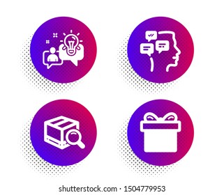 Search package, Messages and Idea icons simple set. Halftone dots button. Gift box sign. Tracking service, Notifications, Solution. Present package. Business set. Vector