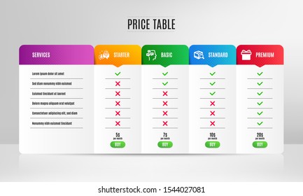 Search package, Messages and Idea icons simple set. Pricing table, price list. Gift box sign. Tracking service, Notifications, Solution. Present package. Business set. Vector