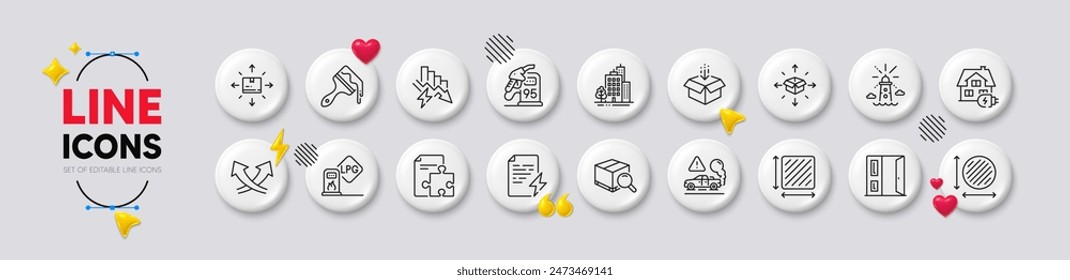 Paquete de Búsqueda, puerta abierta e iconos de línea de certificado de energía. Iconos 3d de Botones blancos. Paquete de gasolinera, área de círculo, obtener icono de caja. Área cuadrada, gasolinera, pictograma de edificios. Vector