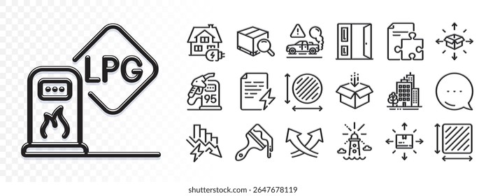 Ícones de pacote de pesquisa, Porta aberta e Linha de certificado de energia para aplicativo Web. Reflexo de efeito de luz. Ícone Mensagem. Pacote de Posto de gasolina, Área de círculo, Obter ícones de pictograma de caixa. Vetor