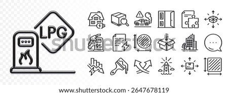 Search package, Open door and Power certificate line icons for web app. Glare of light effect. Message icon. Pack of Gas station, Circle area, Get box pictogram icons. Vector