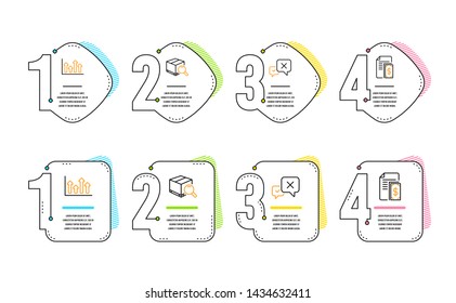 Search package, Reject and Upper arrows icons simple set. Payment sign. Tracking service, Delete message, Growth infochart. Cash money. Infographic timeline. Line search package icon. Vector
