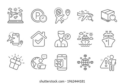 Search package, Ship travel and Flight mode line icons set. Flights application, Parking time and Search flight signs. Logistics network, Ship and Valet servant symbols. Line icons set. Vector