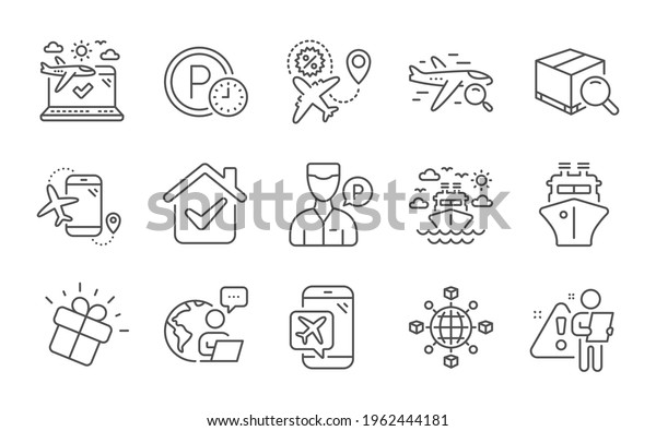 Search package, Ship travel and Flight mode line\
icons set. Flights application, Parking time and Search flight\
signs. Logistics network, Ship and Valet servant symbols. Line\
icons set. Vector