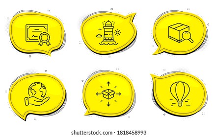 Search package sign. Diploma certificate, save planet chat bubbles. Parcel delivery, Air balloon and Lighthouse line icons set. Logistics service, Flight travel, Beacon tower. Tracking service. Vector