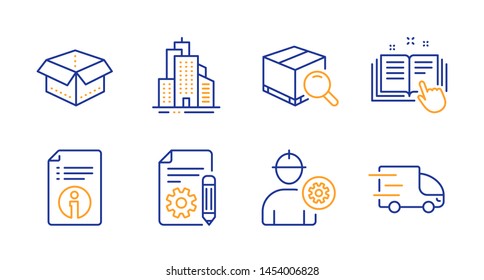 Search package, Skyscraper buildings and Technical documentation line icons set. Engineer, Technical info and Open box signs. Documentation, Truck delivery symbols. Line search package icon. Vector