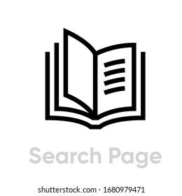 Search page book read icon. Editable line vector. The symbol of a literary document is open in the middle of the page with text. Single pictogram.