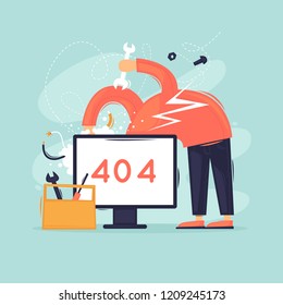 Search page. Error. 404. Man repairing computer. Flat design vector illustration