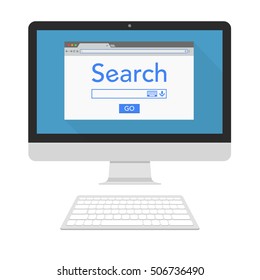 Search page on computer screen. Search in web browser. Search bar. Voice search. Vector illustration