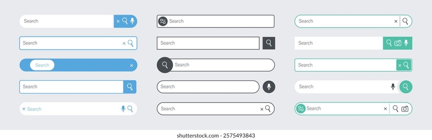 Search panel. Internet search bar web icons. Simple browser and web site user interface elements. Vector navigation bar UI with text field templates set.