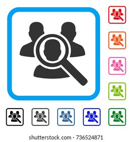 Search Patient icon. Flat gray iconic symbol inside a light blue rounded frame. Black, gray, green, blue, red, orange color additional versions of Search Patient vector.