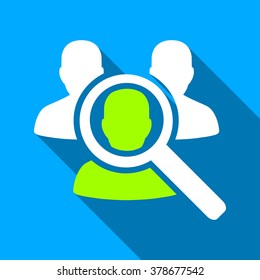 Search Patient long shadow vector icon. Style is a flat light symbol with rounded angles on a blue square background.