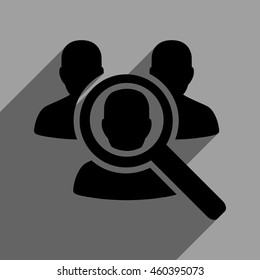 Search Patient long shadow vector icon. Style is a flat search patient black iconic symbol on a gray square background with longshadow.