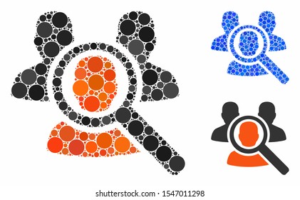 Search patient mosaic of circle elements in various sizes and color tones, based on search patient icon. Vector dots are united into blue mosaic. Dotted search patient icon in usual and blue versions.