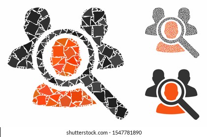 Search patient mosaic of humpy items in variable sizes and shades, based on search patient icon. Vector abrupt items are composed into mosaic. Search patient icons collage with dotted pattern.