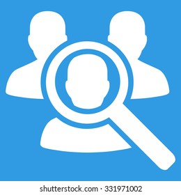 Search Patient vector icon. Style is flat symbol, white color, rounded angles, blue background.