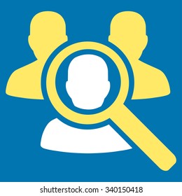 Search Patient vector icon. Style is bicolor flat symbol, yellow and white colors, rounded angles, blue background.