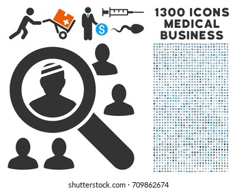 Search Patients grey vector icon with 1300 clinic commercial pictographs. Collection style is flat bicolor light blue and gray pictograms.