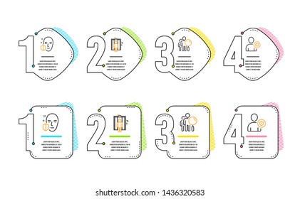 Search people, Elevator and Face protection icons simple set. Security sign. Find employee, Lift, Secure access. Person protection. People set. Infographic timeline. Line search people icon. Vector