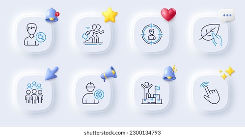 Buscar personal, Ingeniero y iconos de línea de manual de entrega. Botones con timbre 3d, discurso de chat, cursor. Paquete de Orgánico probado, Caza de Cabeceras, Icono de Grupo de Personas. Competencia, pictograma Cursor. Vector