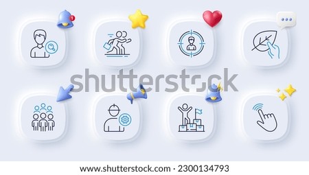 Search people, Engineer and Delivery man line icons. Buttons with 3d bell, chat speech, cursor. Pack of Organic tested, Headhunting, Group people icon. Competition, Cursor pictogram. Vector