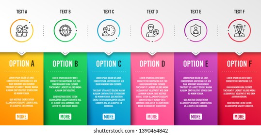 Search people, Face detect and Working hours icons simple set. Security, Cleaning and Support consultant signs. Find profile, Select target. People set. Infographic template. 6 steps timeline. Vector