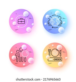 Search people, Global business and Pre-order food minimal line icons. 3d spheres or balls buttons. Human resources icons. For web, application, printing. Vector