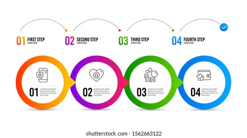 Search people, Heart and Medical phone line icons set. Timeline infographic. Loyalty program sign. Find employee, Star rating, Mobile medicine. Bonus wallet. Search people icon. Vector